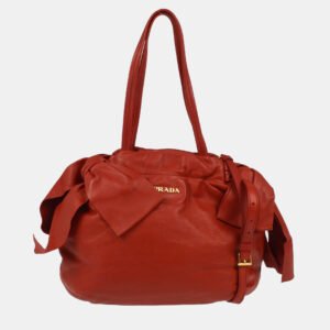 Prada Red Lambskin Bow 2way Tote Handbag