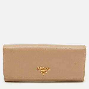 Prada Beige Saffiano Metal Leather Logo Flap Continental Wallet