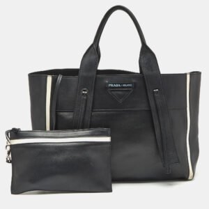 Prada Black/White Grace Lux Leather Large Ouverture Tote