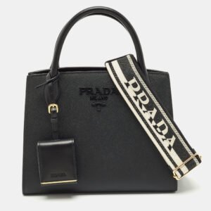 Prada Black Saffiano Cuir Leather Small Monochrome Tote