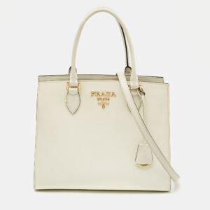 Prada White Saffiano Cuir Leather Snap Tote