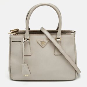Prada Light Grey Saffiano Leather Small Galleria Double Zip Tote