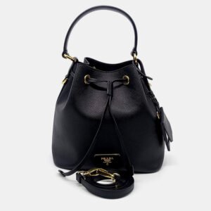 Prada Black Leather Saffiano Bucket Bag