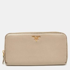 Prada Grey Leather Logo Zip Around Continental Wallet