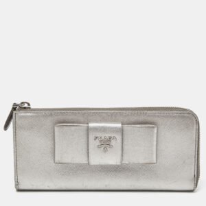 Prada Silver Saffiano Lux Leather Zip Around Wallet
