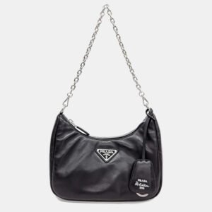 luxury-women-prada-used-handbags-p973540-004 Prada Black Leather Tessuto Padded Hobo Bag