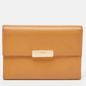 Prada Tan Leather Logo Plague Trifold Wallet