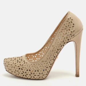 Prada Beige Lasercut Leather Platform Pumps Size 37.5