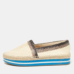 Prada Cream/Brown Woven Leather Slip On Espadrille Flats Size 39