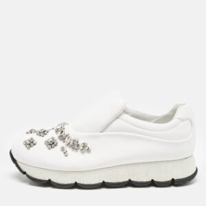 prada white nylon crystal embellished slip on sneakers size 38.5