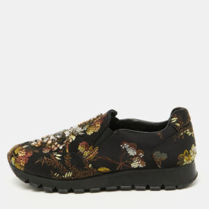 Prada Black Brocade Fabric Crystal Embellished Slip On Sneakers Size 37