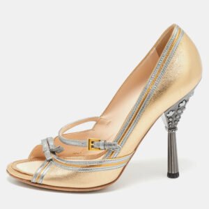 Prada Metallic Gold  Leather Peep Toe Crystal Embellished Heel Pumps Size 36