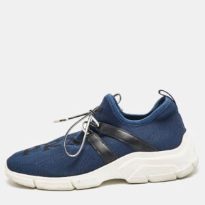 Prada Blue/Black Knit Fabric and Leather XY Logo Low Top Sneakers Size 38