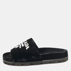 Prada Black/White Velvet Logo Slide Flats Size 38