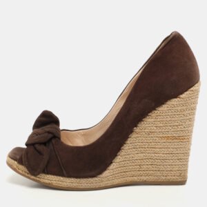 Prada Brown Suede Bow Wedge Espadrille Pumps Size 38