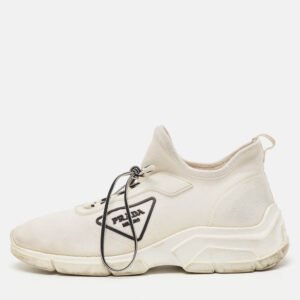 Prada White Knit Fabric Logo Low Top Sneakers Size 36.5
