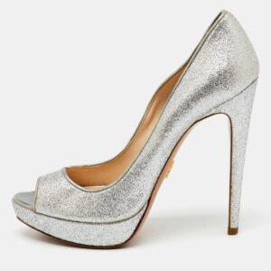 luxury-women-prada-used-shoes-p1138421-004 Prada Silver Glitter Fabric Peep Toe Platform Pumps Size 37.5