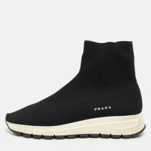 Prada Black Knit Fabric Logo Sock Runner High Top Sneakers Size 38