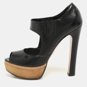 luxury-women-prada-used-shoes-p1145849-001 Prada Black Crackled Leather Mary Jane Platform Pumps Size 36.5