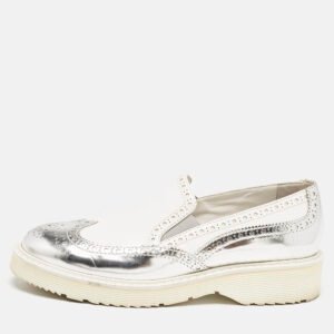 Prada Sport White/Silver Brogue Leather Slip On Loafer Sneakers Size 39.5