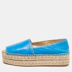 Prada Blue Leather Open Toe Platform Espadrilles Size 39