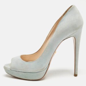 prada light blue suede peep toe platform pumps size 38