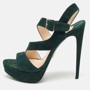 Prada Dark Green Suede Ankle Strappy Platform Sandals Size 38