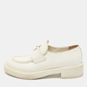 Prada White Leather Logo Plaque Slip On Loafers Size 39.5