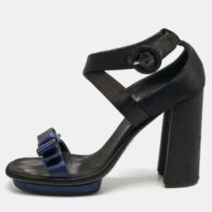 Prada Black/Navy Blue Satin Bow Ankle Strap Sandals Size 39.5