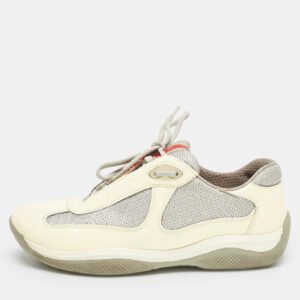 Prada Cream/Grey Mesh and Patent Leather Low Top Sneakers Size 38.5