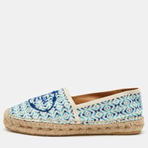 Prada Off White/Blue Nastro Jacquard Embroidered Logo Espadrille Flats Size 35