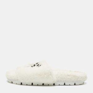 Prada White Shearling Terry Flat Slides  Size 39
