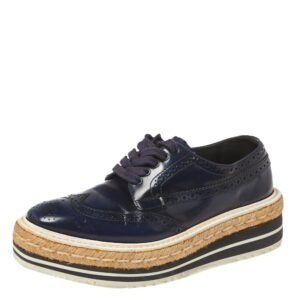 Prada Blue Brogue Leather Derby Lace Up Espadrille Sneakers Size 35.5