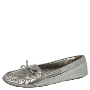 Prada Silver Python Embossed Leather Bow Slip On Loafers Size 39