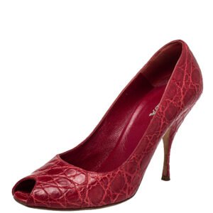 Prada Red Embossed Leather Peep Toe Pumps Size 40