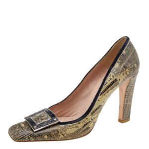 Prada Brown/Beige Lizard Leather Embellished Pumps Size 38.5