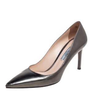 Prada Metallic Grey Leather Pointed Toe Pumps Size 36.5