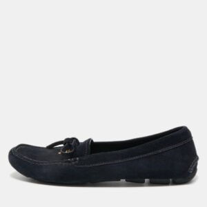 Prada Dark Blue Suede Bow Slip On Loafers Size 35.5