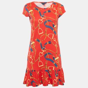 Ralph Lauren Red Printed Cotton Knit Ruffle Hem Mini Dress XL