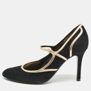 Ralph Lauren Black/Gold Leather and Suede Mary Jane Pumps Size 38.5