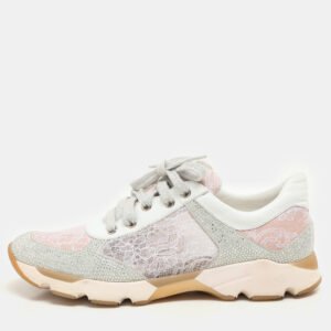 Ren&eacute; Caovilla Pink/White Lace and Leather Crystal Embellished Low Top Sneakers Size 37