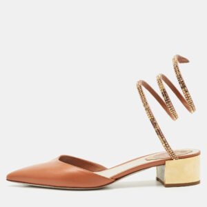 Ren&eacute; Caovilla Brown Leather Crystal Embellished Ankle Wrap Pumps Size 37
