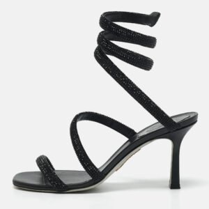 ren&eacute; caovilla black satin crystal embellished cleo sandals size 37