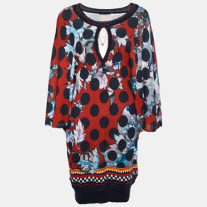 Roberto Cavalli Red Floral Printed Jersey & Knit Trim Mini Dress M
