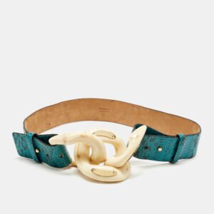 Roberto Cavalli Blue Watersnake Leather Chain Detail Waist Belt 90CM