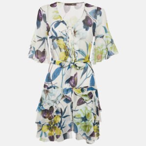 Roberto Cavalli Multicolor Floral Print Silk Ruffle Belted Dress S