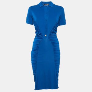 Roberto Cavalli Blue Jersey Ruched Midi Dress M