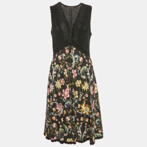 Roberto Cavalli Black Floral Print Jersey and Crochet Midi Dress M