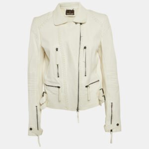 Roberto Cavalli White Textured Leather Zip-Up Biker Jacket L