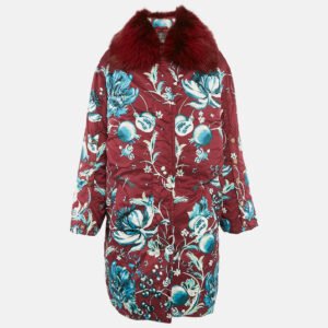 roberto cavalli red floral print nylon and real fur trim down coat m